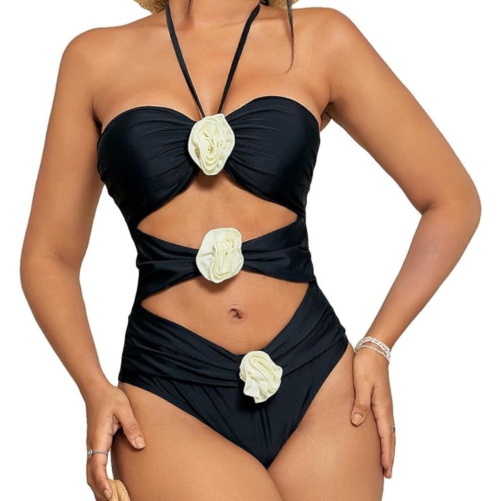 BEAUDRM Women's Halter Neck 3D Flower Decoration Sexy One-Piece Cut Out Swimsuit